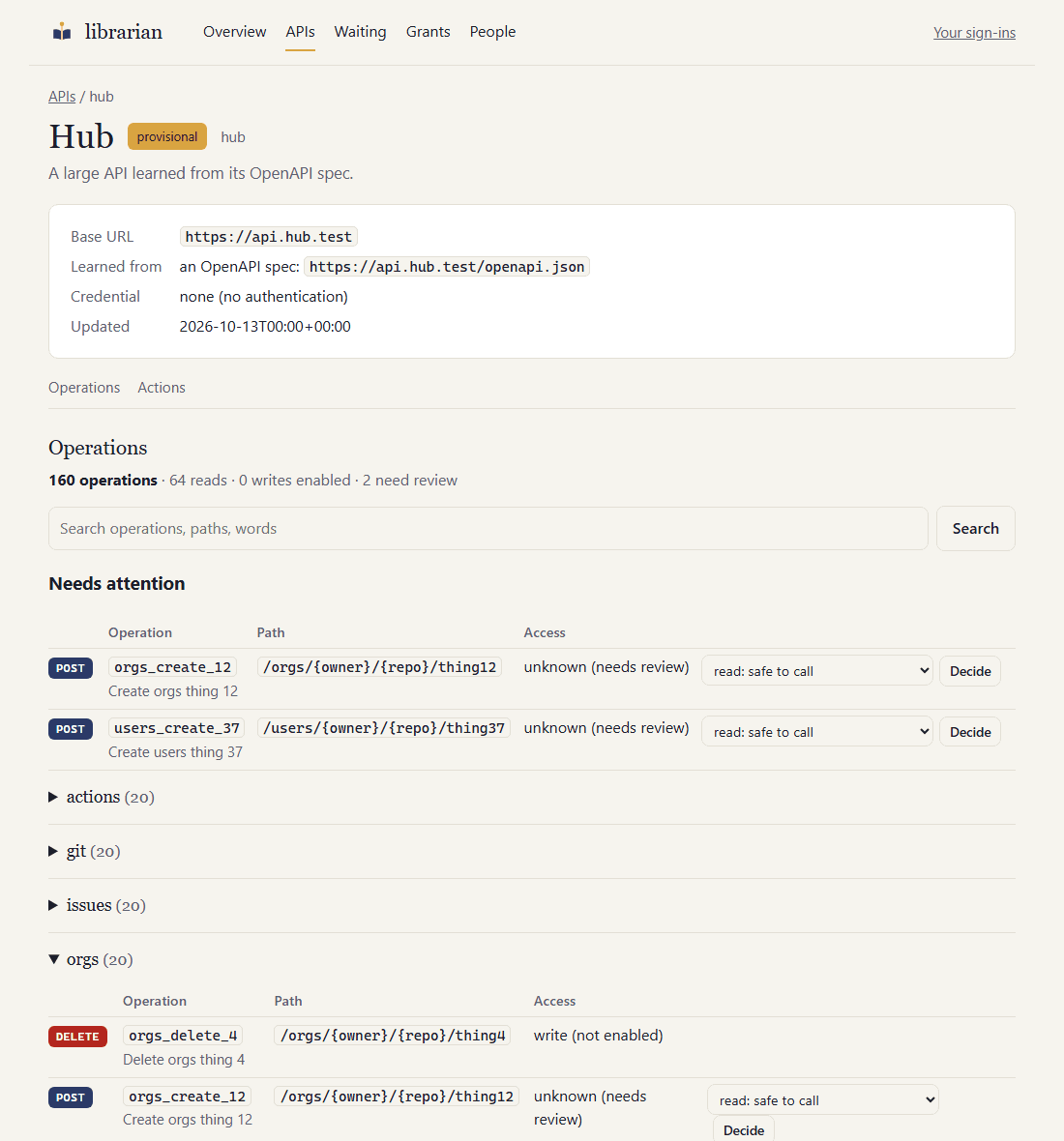 An API page with search, needs-attention operations and groups by tag