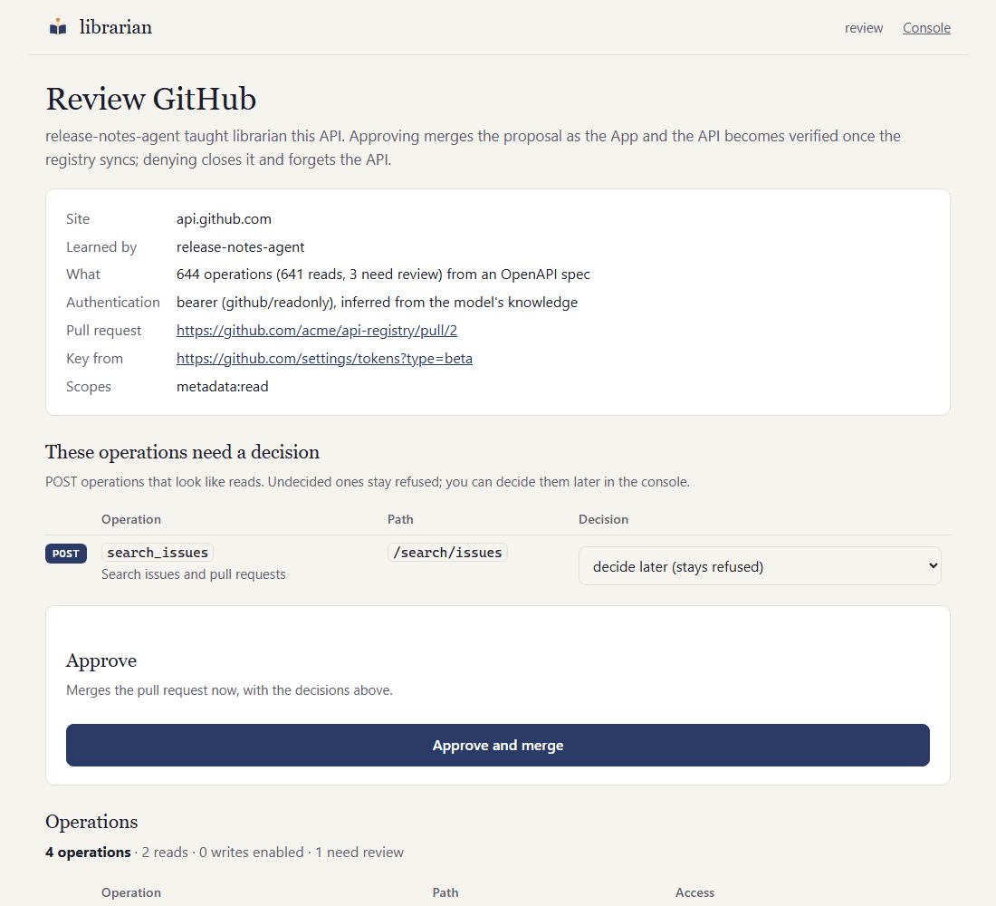The review page for a learned API